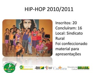HIP-HOP 2010/2011
Inscritos: 20
Concluíram: 16
Local: Sindicato
Rural
Foi confeccionado
material para
apresentações
 