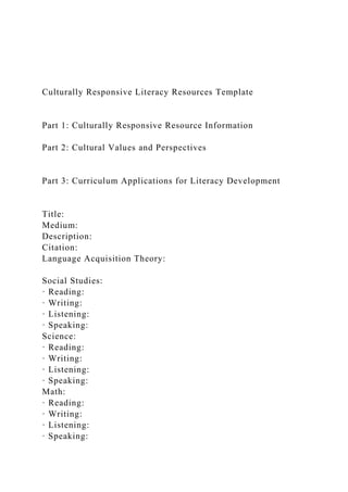 Culturally Responsive Literacy Resources Template
Part 1: Culturally Responsive Resource Information
Part 2: Cultural Values and Perspectives
Part 3: Curriculum Applications for Literacy Development
Title:
Medium:
Description:
Citation:
Language Acquisition Theory:
Social Studies:
· Reading:
· Writing:
· Listening:
· Speaking:
Science:
· Reading:
· Writing:
· Listening:
· Speaking:
Math:
· Reading:
· Writing:
· Listening:
· Speaking:
 
