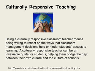 Culturally Responsive Teaching




Being a culturally responsive classroom teacher means
being willing to reflect on the ways that classroom
management decisions help or hinder students' access to
learning. A culturally responsive teacher can be an
invaluable guide for students, helping them bridge the gap
between their own culture and the culture of schools.


 http://www.intime.uni.edu/multiculture/curriculum/culture/teaching.htm
 