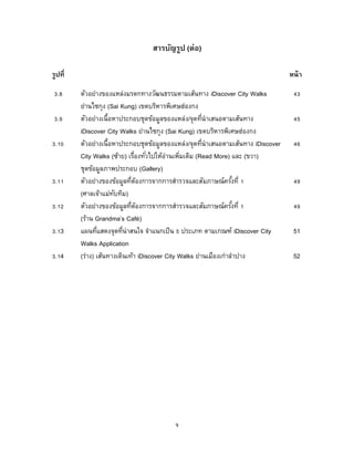 จ
สารบัญรูป (ต่อ)
รูปที่ หน้า
3.8 ตัวอย่างของแหล่งมรดกทางวัฒนธรรมตามเส้นทาง iDiscover City Walks 43
ย่านไซกุง (Sai Kung) เขตบริหารพิเศษฮ่องกง
3.9 ตัวอย่างเนื้อหาประกอบชุดข้อมูลของแหล่ง/จุดที่นาเสนอตามเส้นทาง 45
iDiscover City Walks ย่านไซกุง (Sai Kung) เขตบริหารพิเศษฮ่องกง
3.10 ตัวอย่างเนื้อหาประกอบชุดข้อมูลของแหล่ง/จุดที่นาเสนอตามเส้นทาง iDiscover 46
City Walks (ซ้าย) เรื่องทั่วไปให้อ่านเพิ่มเติม (Read More) และ (ขวา)
ชุดข้อมูลภาพประกอบ (Gallery)
3.11 ตัวอย่างของข้อมูลที่ต้องการจากการสารวจและสัมภาษณ์ครั้งที่ 1 49
(ศาลเจ้าแม่ทับทิม)
3.12 ตัวอย่างของข้อมูลที่ต้องการจากการสารวจและสัมภาษณ์ครั้งที่ 1 49
(ร้าน Grandma’s Café)
3.13 แผนที่แสดงจุดที่น่าสนใจ จาแนกเป็น 5 ประเภท ตามเกณฑ์ iDiscover City 51
Walks Application
3.14 (ร่าง) เส้นทางเดินเท้า iDiscover City Walks ย่านเมืองเก่าลาปาง 52
 