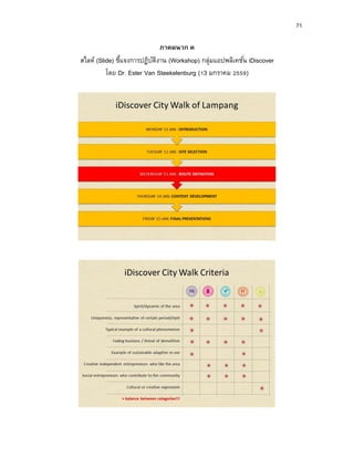 71
ภำคผนวก ค
สไลด์ (Slide) ชี้แจงการปฏิบัติงาน (Workshop) กลุ่มแอปพลิเคชั่น iDiscover
โดย Dr. Ester Van Steekelenburg (13 มกราคม 2559)
 