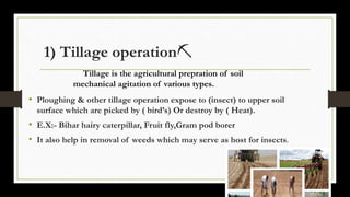 1) Tillage operation⛏️
• Ploughing & other tillage operation expose to (insect) to upper soil
surface which are picked by ( bird’s) Or destroy by ( Heat).
• E.X:- Bihar hairy caterpillar, Fruit fly,Gram pod borer
• It also help in removal of weeds which may serve as host for insects.
Tillage is the agricultural prepration of soil
mechanical agitation of various types.
 