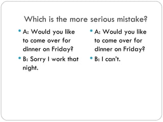 Which is the more serious
mistake?
A: Would you like
to come over for
dinner on Friday?
B: Sorry I working
that night.
A: Would you like
to come over for
dinner on Friday?
B: I can’t.
 