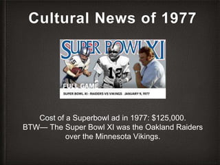 Cultural News of 1977
Cost of a Superbowl ad in 1977: $125,000.
BTW— The Super Bowl XI was the Oakland Raiders
over the Mi...