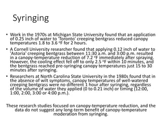 Syringing
• Work in the 1970s at Michigan State University found that an application
of 0.25 inch of water to 'Toronto' creeping bentgrass reduced canopy
temperatures 1.8 to 3.6 oF for 2 hours.
• A Cornell University researcher found that applying 0.12 inch of water to
'Astoria' creeping bentgrass between 11:30 a.m. and 3:00 p.m. resulted
in a canopy-temperature reduction of 7.2 oF immediately after spraying.
However, the cooling effect fell off to only 2.5 oF within 10 minutes, and
the bentgrass reached pre-syringing canopy temperatures just 15 to 30
minutes after syringing.
• Researchers at North Carolina State University in the 1980s found that in
the absence of wilt symptoms, canopy temperatures of well-watered
creeping bentgrass were no different 1 hour after syringing, regardless
of the volume of water they applied (0 to 0.21 inch) or timing (12:00,
1:00, 2:00, 3:00 or 4:00 p.m.).
These research studies focused on canopy-temperature reduction, and the
data do not suggest any long-term benefit of canopy-temperature
moderation from syringing.
 