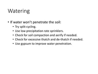 Watering
• If water won’t penetrate the soil:
• Try split-cycling.
• Use low precipitation rate sprinklers.
• Check for soil compaction and aerify if needed.
• Check for excessive thatch and de-thatch if needed.
• Use gypsum to improve water penetration.
 