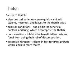 Thatch
Causes of thatch
• vigorous turf varieties – grow quickly and add
stolons, rhizomes, and leaves to the thatch layer.
• acid soil conditions – too acidic for beneficial
bacteria and fungi which decompose the thatch.
• poor aeration – inhibits the beneficial bacteria and
fungi from doing their job of decomposition.
• excessive nitrogen – results in fast turfgrass growth
which leads to more thatch
 