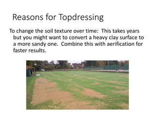 Reasons for Topdressing
To change the soil texture over time: This takes years
but you might want to convert a heavy clay surface to
a more sandy one. Combine this with aerification for
faster results.
 