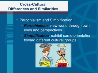 Cross-Cultural  Differences and Similarities  Parochialism and Simplification Parochialism : view world through own eyes and perspectives Simplificatio n : exhibit same orientation toward different cultural groups 