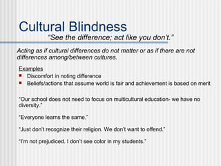 Cultural Blindness
            “See the difference; act like you don’t.”
Acting as if cultural differences do not matter or as if there are not
differences among/between cultures.
Examples
 Discomfort in noting difference
 Beliefs/actions that assume world is fair and achievement is based on merit



“Our school does not need to focus on multicultural education- we have no
diversity.”

“Everyone learns the same.”

“Just don’t recognize their religion. We don’t want to offend.”

“I’m not prejudiced. I don’t see color in my students.”
 