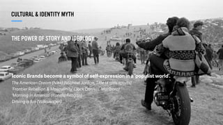 THE POWER OF STORY AND IDEOLOGY.
Iconic Brands become a symbol of self-expression in a ‘populist world’.
The American Dream (Nike) [Michael Jordan, Title IX girls sports]
‘Frontier Rebellion & Masculinity’ (Jack Daniels, Marlboro)
‘Morning in America’ (Ronald Reagan)
Driving is fun (Volkswagen)
CULTURAL & IDENTITY MYTH
 