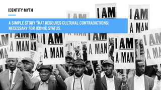 A SIMPLE STORY THAT RESOLVES CULTURAL CONTRADICTIONS;
NECESSARY FOR ICONIC STATUS.
IDENTITY MYTH
 