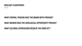 WHAT CENTRAL TENSION DOES THE BRAND MYTH PROVOKE?
WHAT ANSWER DOES THE IDEOLOGICAL OPPORTUNITY PROVIDE?
WHAT CULTURAL EXPRESSIONS RESOLVE THE CONFLICT?
IDEOLOGY FLASHPOINTS
 