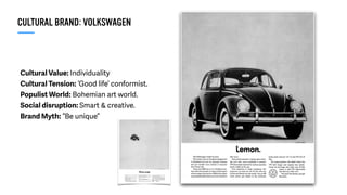 Cultural Value: Individuality
Cultural Tension: ‘Good life’ conformist.
Populist World: Bohemian art world.
Social disruption: Smart & creative.
Brand Myth: “Be unique”
CULTURAL BRAND: VOLKSWAGEN
 
