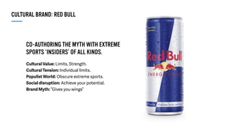 CO-AUTHORING THE MYTH WITH EXTREME
SPORTS ‘INSIDERS’ OF ALL KINDS.
Cultural Value: Limits, Strength.
Cultural Tension: Individual limits.
Populist World: Obscure extreme sports.
Social disruption: Achieve your potential.
Brand Myth: “Gives you wings”
CULTURAL BRAND: RED BULL
 