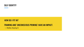 HOW DO I FIT IN?
FRAMING AND ‘UNCONSCIOUS PRIMING’ HAVE AN IMPACT.
SELF IDENTITY
— Walker, Buying In
 