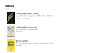 SOURCES
Cultural Strategy - Holt & Cameron
Using Innovative Ideologies to Build Breakthrough Brands
Douglas Holt & Douglas Cameron
How Brands Become Icons - Holt
The Principles of Cultural Branding
Douglas Holt
Buying In - Walker
The Secret Dialog Between What We Buy and Who We Are
Rob Walker
 