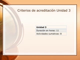 Criterios de acreditación Unidad 3




            Unidad 3
            Duración en horas: 11
            Actividades sumativas: 8
 