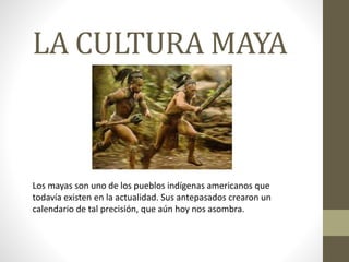 LA CULTURA MAYA 
Los mayas son uno de los pueblos indígenas americanos que 
todavía existen en la actualidad. Sus antepasados crearon un 
calendario de tal precisión, que aún hoy nos asombra. 
 