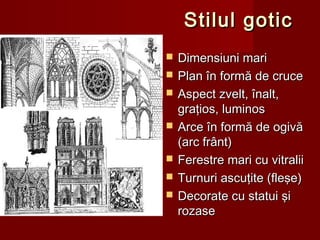Stilul goticStilul gotic
 Dimensiuni mariDimensiuni mari
 Plan în formă de crucePlan în formă de cruce
 Aspect zvelt, înalt,Aspect zvelt, înalt,
graţios, luminosgraţios, luminos
 Arce în formă de ogivăArce în formă de ogivă
(arc frânt)(arc frânt)
 Ferestre mari cu vitraliiFerestre mari cu vitralii
 Turnuri ascuţite (fleşe)Turnuri ascuţite (fleşe)
 Decorate cu statui şiDecorate cu statui şi
rozaserozase
 