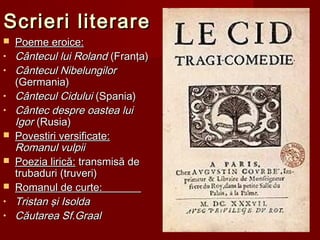 Scrieri literareScrieri literare
 Poeme eroicePoeme eroice::
• Cântecul lui RolandCântecul lui Roland (Franţa)(Franţa)
• Cântecul NibelungilorCântecul Nibelungilor
(Germania)(Germania)
• Cântecul CiduluiCântecul Cidului (Spania)(Spania)
• Cântec despre oastea luiCântec despre oastea lui
IgorIgor (Rusia)(Rusia)
 Povestiri versificatePovestiri versificate::
Romanul vulpiiRomanul vulpii
 Poezia liricăPoezia lirică:: transmisă detransmisă de
trubaduri (truveri)trubaduri (truveri)
 Romanul de curteRomanul de curte::
• Tristan şi IsoldaTristan şi Isolda
• Căutarea Sf.GraalCăutarea Sf.Graal
 