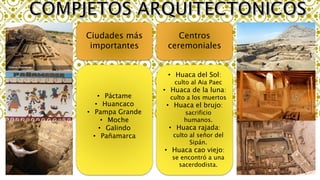 Ciudades más
importantes
Centros
ceremoniales
• Páctame
• Huancaco
• Pampa Grande
• Moche
• Galindo
• Pañamarca
• Huaca del Sol:
culto al Aia Paec
• Huaca de la luna:
culto a los muertos
• Huaca el brujo:
sacrificio
humanos.
• Huaca rajada:
culto al señor del
Sipán.
• Huaca cao viejo:
se encontró a una
sacerdodista.
 