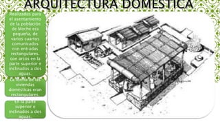 Realizados para
el asentamiento
de la población
de Moche era
pequeña, de
varios cuartos
comunicados
con entradas
rectangulares.
con arcos en la
parte superior e
inclinados a dos
aguas.
La forma de las
viviendas
domésticas eran
rectangulares.
En la parte
superior e
inclinados a dos
aguas.
 