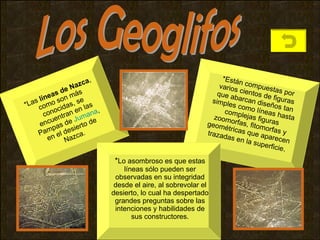 Los Geoglifos *Las  líneas de Nazca , como son más conocidas, se encuentran en las Pampas de  Jumana , en el desierto de Nazca. * Lo asombroso es que estas líneas sólo pueden ser observadas en su integridad desde el aire, al sobrevolar el desierto, lo cual ha despertado grandes preguntas sobre las intenciones y habilidades de sus constructores. *Están compuestas por varios cientos de figuras que abarcan diseños tan simples como líneas hasta complejas figuras zoomorfas, fitomorfas y geométricas que aparecen trazadas en la superficie . 