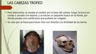 LAS CABEZAS TROFEO
 Para elaborarlas, se sacaba el cerebro por la base del cráneo, luego, la boca era
cosida o cerrada con espinas, y se hacían un pequeño hueco en la frente, por
donde pasaba una cuerda para que pudiese ser colgado.
 Se cree que se hacía para hacer ritos con relación a la fertilidad de las tierras
 