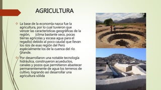 AGRICULTURA
 La base de la economía nazca fue la
agricultura, por lo cual tuvieron que
vencer las características geográficas de la
región, (clima bastante seco, pocas
tierras agrícolas y escasa agua para el
regadío) debido al poco caudal que llevan
los ríos de esas región del Perú
especialmente los de la cuenca del río
Grande.
 Por desarrollaron una notable tecnología
hidráulica, construyeron acueductos,
canales y pozos que permitieron abastecer
permanentemente de agua los terrenos de
cultivo, logrando así desarrollar una
agricultura sólida
 