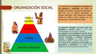 ORGANIZACIÓN SOCIAL La sociedad Nazca se organizó en la cabeza con
los guerreros y sacerdotes que dirigían los
trabajos comunitarios y actividades ceremoniales.
Esta élite vivía en edificios piramidales, en
sectores especiales, cuyas habitaciones estaban
hechas con adobe y muros cubiertos con una
capa de yeso o cal para tapar las grietas.
Los guerreros formaban una clase social muy
respetada y temida. Debido a que eran
caracterizados por su fuerza y orgullo
Los artesanos se encontraban al servicio de las
autoridades y eran respetados, entre los cuales
incluían ceramistas y textileros, astrólogos,
músicos y soldados, los cuales habitan en
pequeñas ciudades y centros ceremoniales.
En la base de la sociedad se encontraban los
agricultores y pescadores, los cuales vivían
dispersos en diversos puntos del territorio.
 