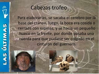 Cabezas trofeo
Para elaborarlas, se sacaba el cerebro por la
base del cráneo, luego, la boca era cosida o
cerrada con espinas, y se hacía un pequeño
 hueco en la frente, por donde pasaba una
 cuerda para que pudiese ser colgado en el
           cinturón del guerrero.
 