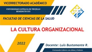 FACULTAD DE CIENCIAS DE LA SALUD
2022
VICERRECTORADO ACADÉMICO
Docente: Luis Bustamante R.
LA CULTURA ORGANIZACIONAL
 