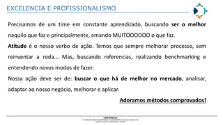 EXCELENCIA E PROFISSIONALISMO
CONFIDENCIAL
O conteúdo desta apresentação é propriedade e de uso exclusivo da
Capital Social Contabilidade e Gestão
Precisamos de um time em constante aprendizado, buscando ser o melhor
naquilo que faz e principalmente, amando MUITOOOOOO o que faz.
Atitude é o nosso verbo de ação. Temos que sempre melhorar processo, sem
reinventar a roda... Mas, buscando referencias, realizando benchmarking e
entendendo novos modos de fazer.
Nossa ação deve ser de: buscar o que há de melhor no mercado, analisar,
adaptar ao nosso negócio, melhorar e aplicar.
Adoramos métodos comprovados!
 