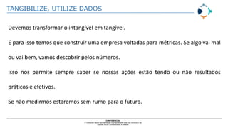 TANGIBILIZE, UTILIZE DADOS
CONFIDENCIAL
O conteúdo desta apresentação é propriedade e de uso exclusivo da
Capital Social Contabilidade e Gestão
Devemos transformar o intangível em tangível.
E para isso temos que construir uma empresa voltadas para métricas. Se algo vai mal
ou vai bem, vamos descobrir pelos números.
Isso nos permite sempre saber se nossas ações estão tendo ou não resultados
práticos e efetivos.
Se não medirmos estaremos sem rumo para o futuro.
 