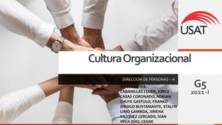 CulturaOrganizacional
DIRECCION DE PERSONAS – A
G5
2021-I
INTEGRANTES.-
CABANILLAS LLUÉN, JORGE
CASAS CORONADO, ADRIAN
CHUYE GASTULO, FRANKO
IDROGO BUSTAMANTE, STALYN
LIMO GAMBOA, JIMENA
VAZQUEZ CERCADO, IVAN
VEGA DÍAZ, CESAR
 