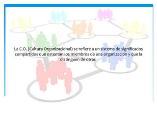 1.1 Cultura Organizacional
La C.O. (Cultura Organizacional) se refiere a un sistema de significados
compartidos que ostentan los miembros de una organización y que la
distinguen de otras.
 