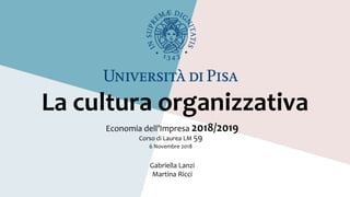 La cultura organizzativa
Economia dell’Impresa 2018/2019
Gabriella Lanzi
Martina Ricci
Corso di Laurea LM 59
6 Novembre 2018
 