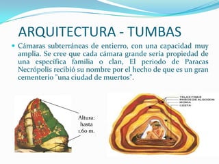 ARQUITECTURA - TUMBAS
 Cámaras subterráneas de entierro, con una capacidad muy
 amplia. Se cree que cada cámara grande sería propiedad de
 una específica familia o clan, El periodo de Paracas
 Necrópolis recibió su nombre por el hecho de que es un gran
 cementerio "una ciudad de muertos".




                   Altura:
                    hasta
                   1.60 m.
 