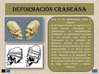 DEFORMACIÓN CRANEÁNA
Tuvo un fin diferenciador social y
religioso.
En la Cultura Paracas en especial en la
etapa
Paracas
Necrópolis
es
característica
la
DEFORMACIÓN
CRANEANA. La deformación craneana
es una práctica, que como la
Trepanación se ha realizado en
diferentes culturas. Se uso para
diferenciar a unos individuos de otros,
pertenecientes a un mismo grupo
racial. Su función original pudo, por lo
tanto, obedecer a la búsqueda de
mostrarse distintos los pertenecientes
de un grupo aristocrático frente a otro
de rango social inferior y razones
religiosas

 