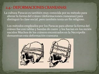 La cultura Paracas es también muy conocida por su método para
alterar la forma del cráneo (deformaciones craneanas) para
distinguir la clase social, pero también tenía un fin religioso.
Los métodos empleados por los Paracas para alterar la forma del
cráneo fue con tablas y bandas de cuero y los hacían en los recién
nacidos Muchos de los cráneos encontrados en la Necrópolis
demuestran esta deformación craneana
 