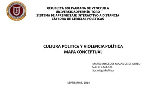 REPUBLICA BOLIVARIANA DE VENEZUELA 
UNIVERSIDAD FERMÍN TORO 
SISTEMA DE APRENDIZAJE INTERACTIVO A DISTANCIA 
CÁTEDRA DE CIENCIAS POLÍTICAS 
CULTURA POLITICA Y VIOLENCIA POLÍTICA 
MAPA CONCEPTUAL 
MARÍA MERCEDES MAZAS DE DE ABREU 
C.I.: V. 9.684.525 
Sociología Política 
SEPTIEMBRE, 2014 
 