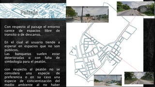 Con respecto al paisaje el entorno
carece de espacios libre de
transito o de descanso.
En el cual el usuario tiende a
esperar en espacios que no son
públicos.
Las banquetas suelen estar
deterioradas o con falta de
simbología para el peatón.
con respecto al peatón no se
considera una especie de
preferencia o en su caso una
especie de concientización del
medio ambiente al no haber
 