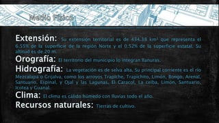 Su extensión territorial es de 434.38 km² que representa el
6.55% de la superficie de la región Norte y el 0.52% de la superficie estatal. Su
altitud es de 20 m.
El territorio del municipio lo integran llanuras.
La vegetación es de selva alta. Su principal corriente es el río
Mezcalapa o Grijalva, como los arroyos Trapiche, Trapichito, Limón, Bongo, Arenal,
Santuario, Espinal, y Ojal y las Lagunas, El Caracol, La ceiba, Limón, Santuario,
Icotea y Guanal.
El clima es cálido húmedo con lluvias todo el año.
Tierras de cultivo.
 