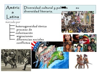 Diversidad cultural y política  su diversidad literaria.  Continente marcado por América Latina heterogeneidad étnica  proceso de colonización migraciones diferencias sociales conflictos políticos. 
