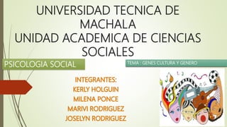 UNIVERSIDAD TECNICA DE
MACHALA
UNIDAD ACADEMICA DE CIENCIAS
SOCIALES
PSICOLOGIA SOCIAL TEMA : GENES CULTURA Y GENERO
 
