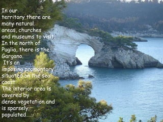 In our
territory there are
many natural
areas, churches
and museums to visit.
In the north of
Puglia, there is the
Gargano.
 It’s an
imposing promontory
situated on the sea
coast.
The interior area is
covered by
dense vegetation and
is sparsely
populated……
 