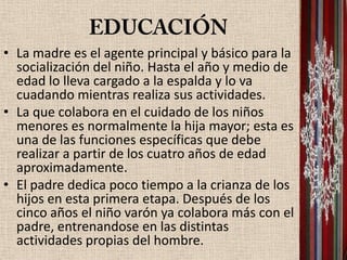 • La madre es el agente principal y básico para la
  socialización del niño. Hasta el año y medio de
  edad lo lleva cargado a la espalda y lo va
  cuadando mientras realiza sus actividades.
• La que colabora en el cuidado de los niños
  menores es normalmente la hija mayor; esta es
  una de las funciones específicas que debe
  realizar a partir de los cuatro años de edad
  aproximadamente.
• El padre dedica poco tiempo a la crianza de los
  hijos en esta primera etapa. Después de los
  cinco años el niño varón ya colabora más con el
  padre, entrenandose en las distintas
  actividades propias del hombre.
 