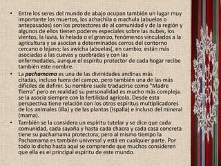 • Entre los seres del mundo de abajo ocupan también un lugar muy
  importante los muertos, los achachila o machula (abuelos o
  antepasados) son los protectores de al comunidad y de la región y
  algunos de ellos tienen poderes especiales sobre las nubes, los
  vientos, la luvia, la helada o el granizo, fenómenos vinculados a la
  agricultura y se asocian a determinados cerros del contorno
  cercano o lejano; las awicha (abuelas(, en cambio, están más
  asociadas a las cuevas y quebradas y con las
  enfermedades, aunque el espíritu protector de cada hogar recibe
  también este nombre.
• La pachamama es una de las divinidades andinas más
  citadas, incluso fuera del campo, pero también una de las más
  difíciles de definir. Su nombre suele traducirse como "Madre
  Tierra" pero en realidad su personalidad es mucho más compleja.
  se la asocia siempre con la fertilidad agrícola. Desde esta
  perspectiva tiene relación con los otros espíritus multiplicadores
  de los animales (illa) y de las plantas (ispalla) e incluso del mineral
  (mama).
• También se la considera un espíritu tutelar y se dice que cada
  comunidad, cada sayaña y hasta cada chacra y cada casa concreta
  tiene su pachamama protectora; pero al mismo tiempo la
  Pachamama es también universal y está en cualquier parte. Por
  todo lo dicho hasta aquí se comprende que muchos consideren
  que ella es el principal espíritu de este mundo.
 