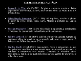 REPRESENTANTES NA ITÁLIA
• Leonardo da Vinci (1452-1519): foi pintor, arquiteto, escultor, físico,
engenheiro, entre outros. É autor, entre outras obras, da Mona Lisa e A
Última Ceia.
• Michelângelo Buonarroti (1475-1564): foi arquiteto, escultor e pintor.
É autor de obras como, Pietá, Davi, Moisés e pinturas da Capela
Sistina.
• Nicolau Maquiavel (1469-1527): historiador e diplomata, é considerado
o fundador do pensamento e da ciência política moderna.
• Sandro Botticelli (1444-1510): também pintou um grande número de
madonas, além de quadros de inspiração religiosa e pagã, como A
Primavera e O Nascimento de Vênus.
• Galileu Galilei (1564-1642): matemático, físico e astrônomo, foi um
dos primeiros estudiosos a usar o método experimental para estudar a
natureza e comprovar suas teorias. Construiu a primeira luneta
astronômica, por meio da qual demonstrou que o centro do universo é o
sol e não a terra.
 